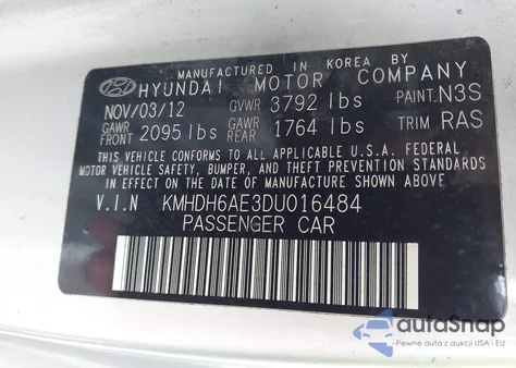 2013 Hyundai Elantra Gs z USA, uszkodzony, nr VIN KMHDH6AE3DU016484